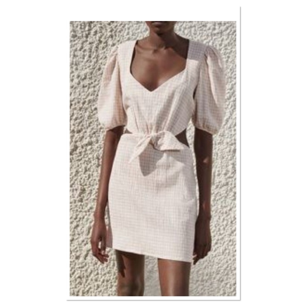 Zara Plaid Tie-Front Cutout Cotton & Linen Blend Mini Dress Sz S NWT